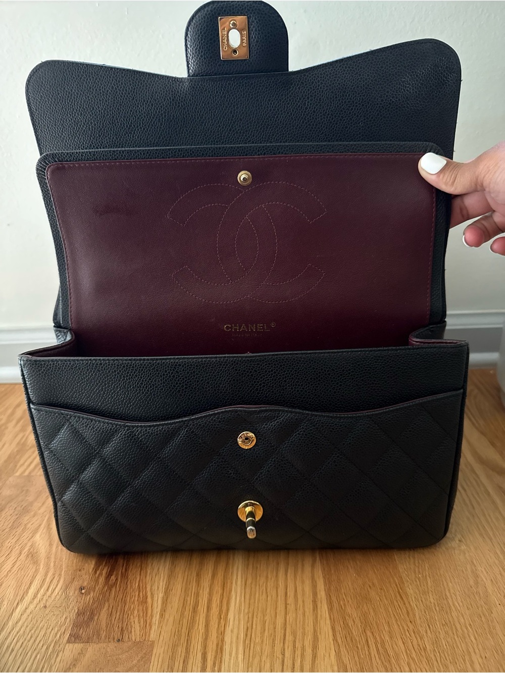 CHANEL Black Caviar Quilted Double Flap Shoulder Bag with Gold Hardware - Picture 8 of 15